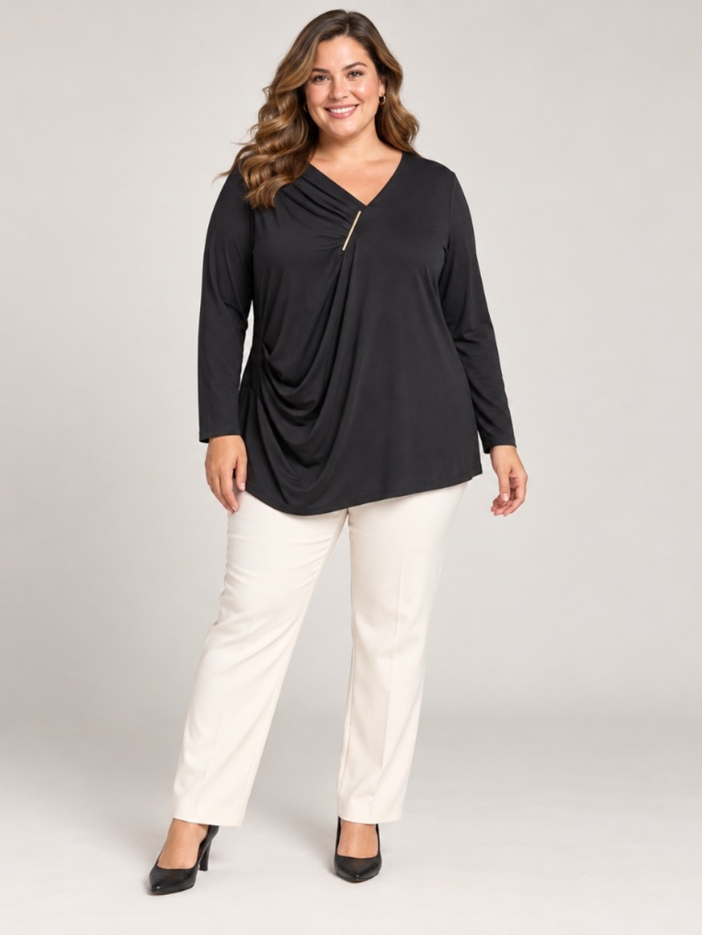 NWT Liz Claiborne Woman 2X Black Draped Long Sleeve Tunic Top